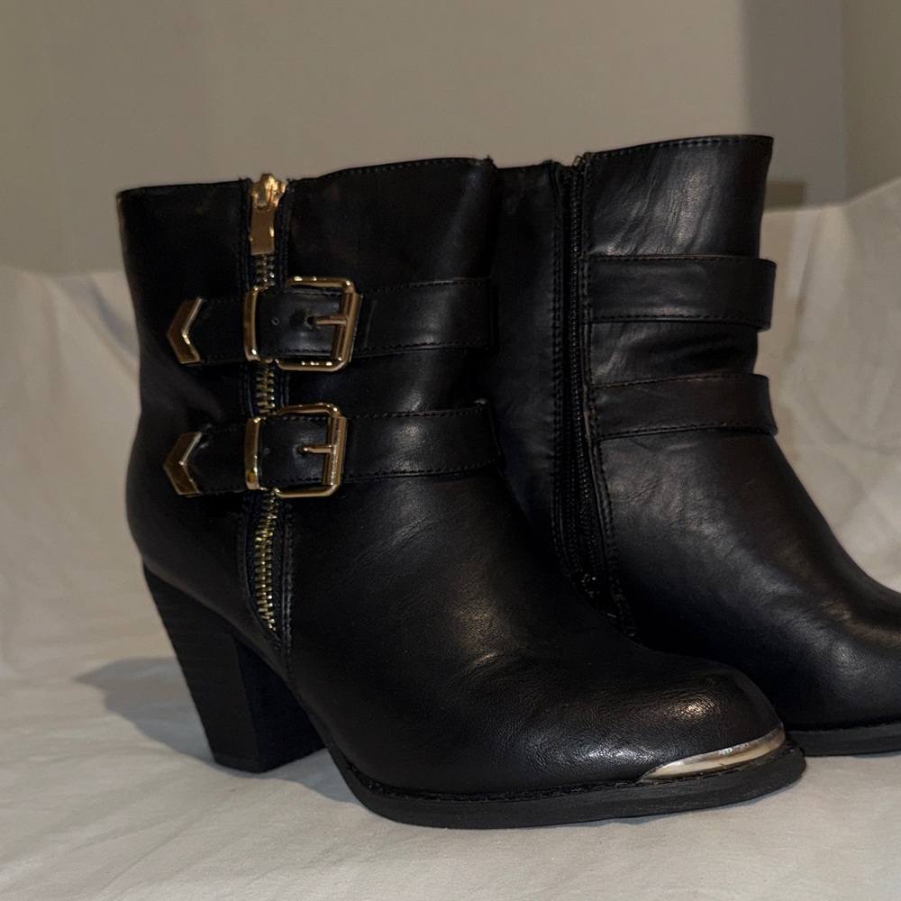 Cathy Jean Black Ankle Booties with Gold Buckles